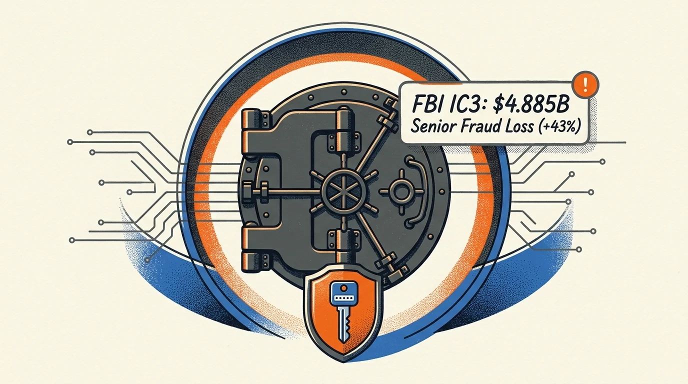 Illustration of a bank vault door with circuit board lines, a shield with a key, and an alert box citing FBI IC3 stats.