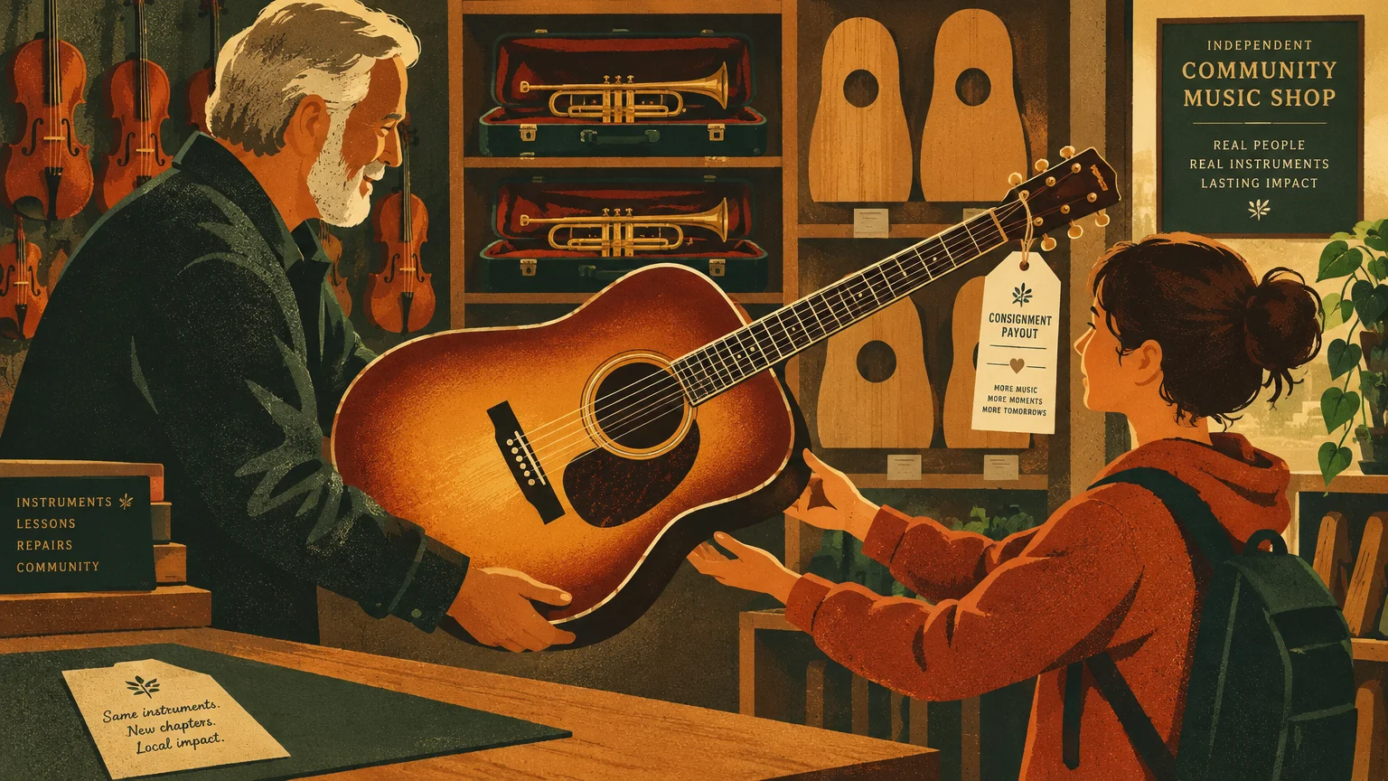 An older shopkeeper hands an acoustic guitar with a consignment payout tag to a young girl inside a music store.