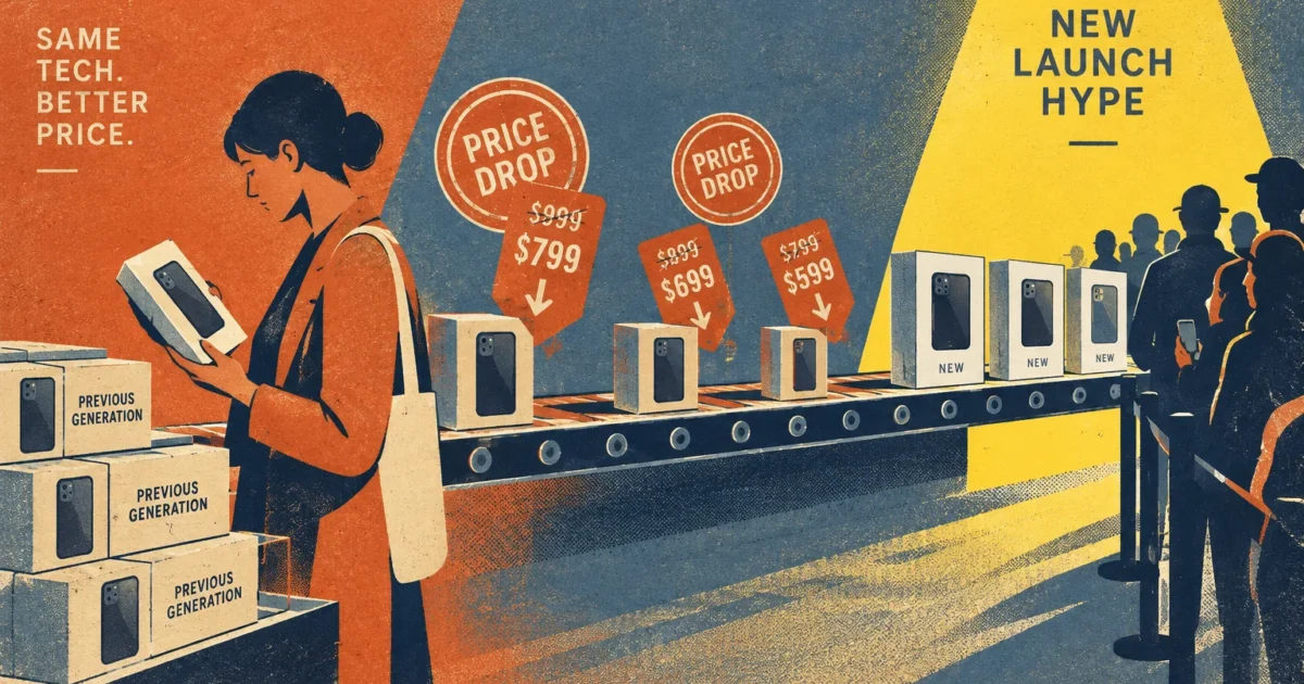 Illustration of a woman examining discounted older phone boxes while a crowd waits in line for new models.