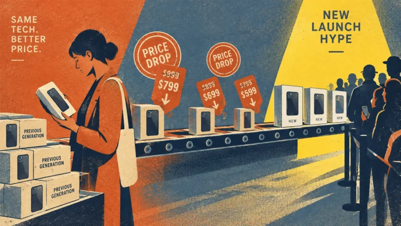 Illustration of a woman examining discounted older phone boxes while a crowd waits in line for new models.