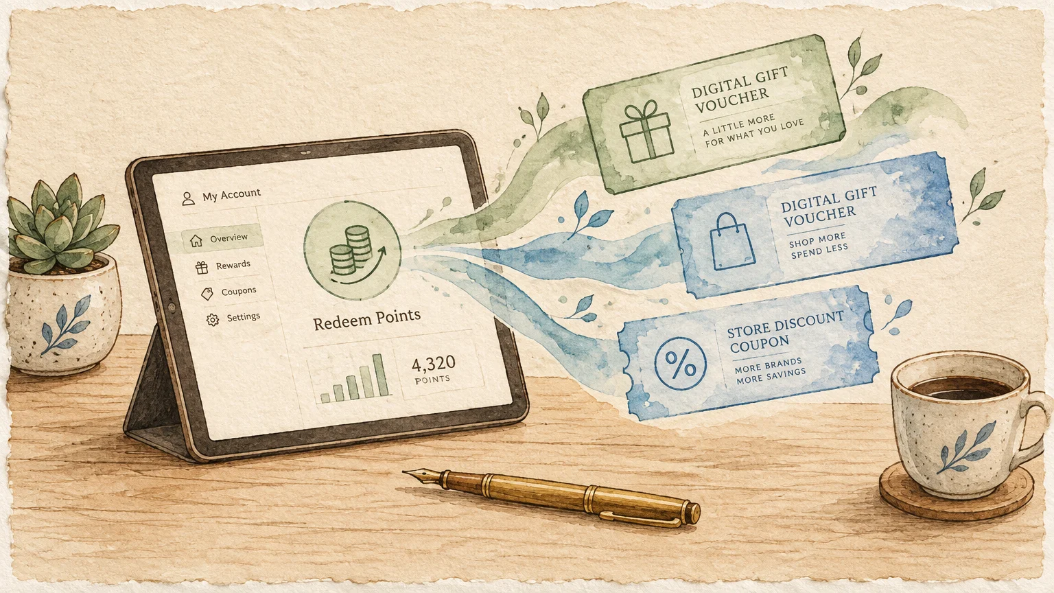 Watercolor illustration of a tablet displaying a rewards app with gift vouchers flowing out onto a wooden desk.