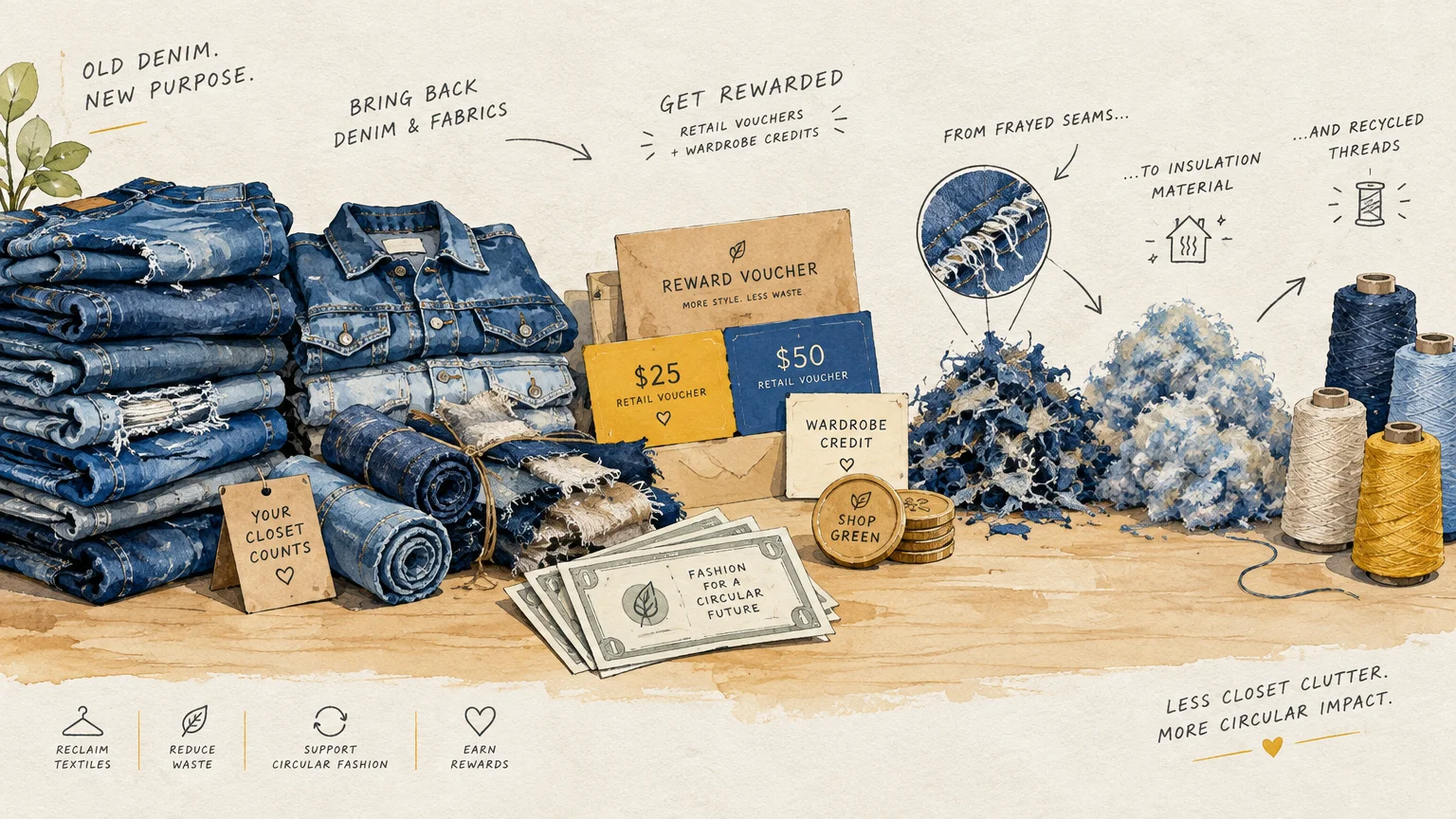 Illustration of stacked jeans, reward vouchers, shredded fabric, insulation fluff, and spools of recycled thread.