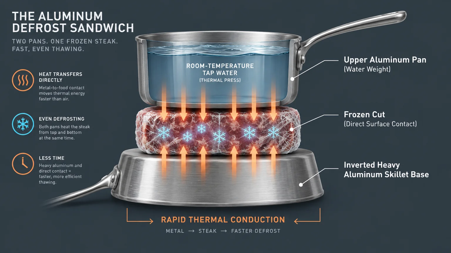 Diagram of a frozen steak sandwiched between an inverted aluminum skillet and a top pan holding room-temperature water.