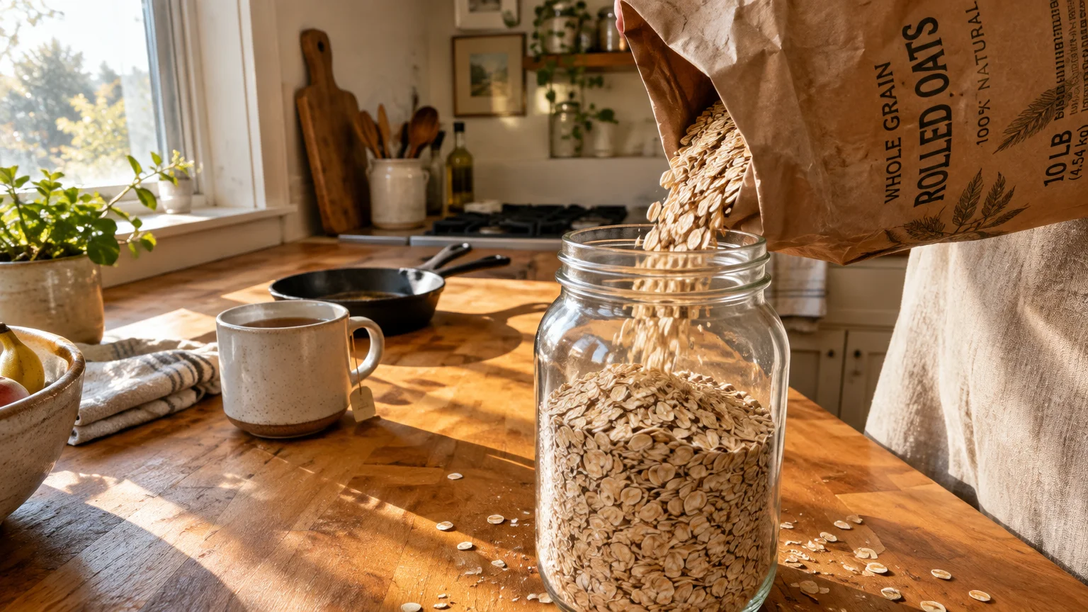 Rolled oats pouring from a paper sack into a large glass jar sitting on a wooden kitchen counter.