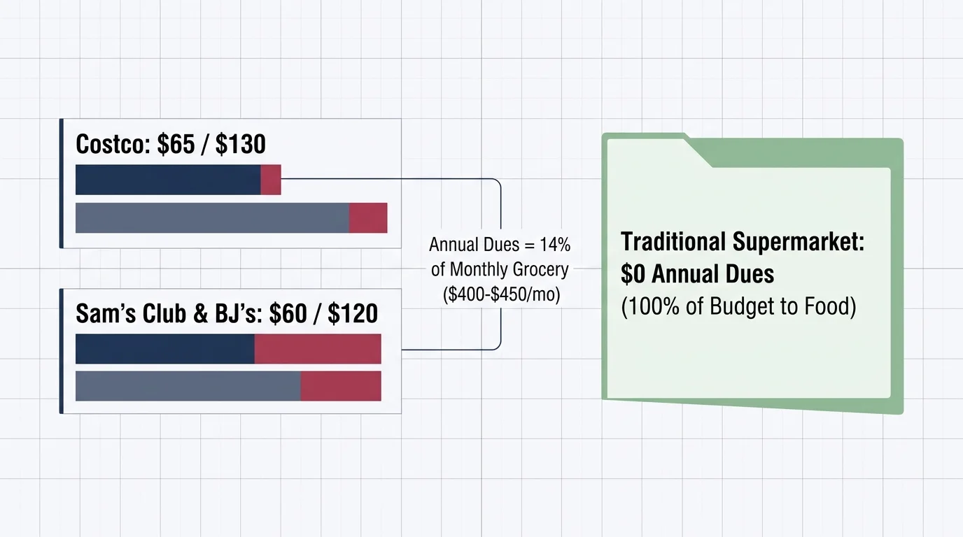 Diagram comparing annual fees of Costco, Sam's Club, and BJ's against traditional supermarkets with zero annual dues.