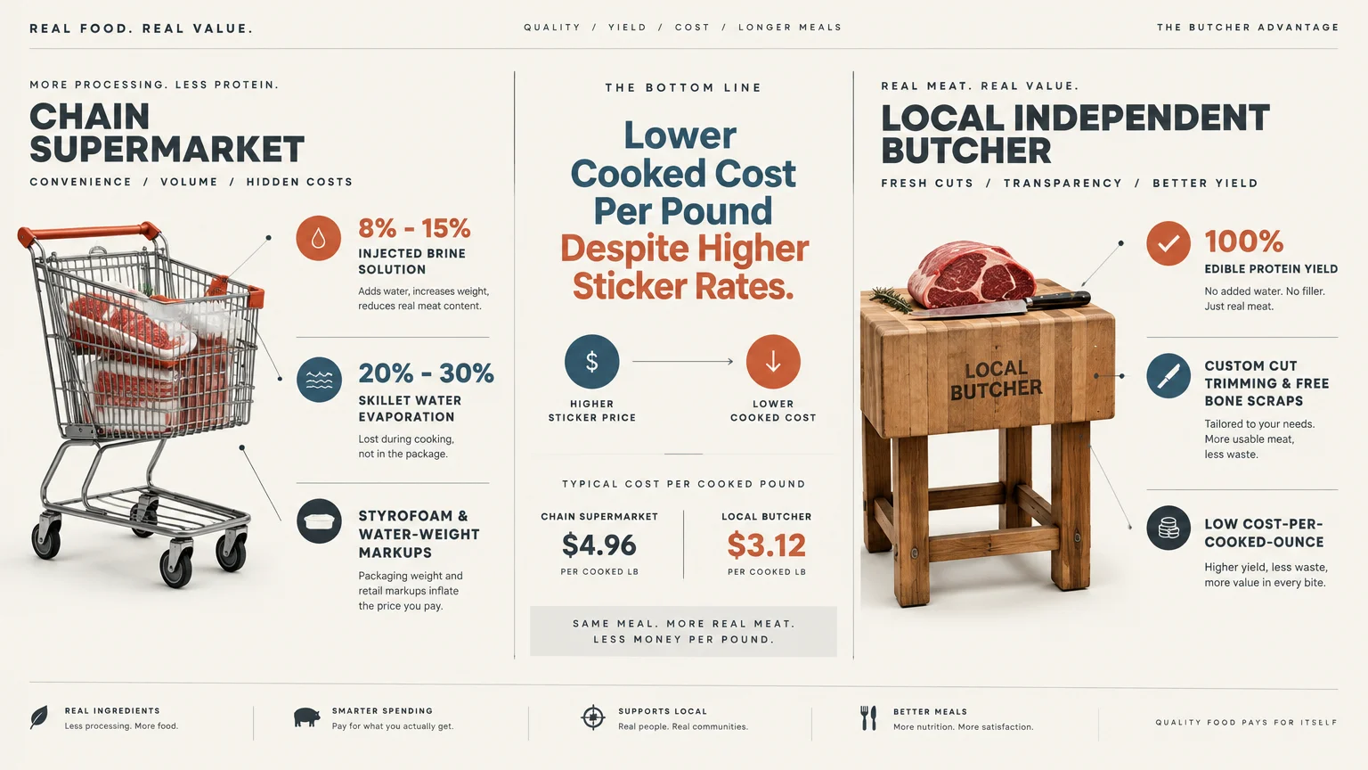 Infographic comparing costs and meat yield between a chain supermarket shopping cart and a local butcher block.