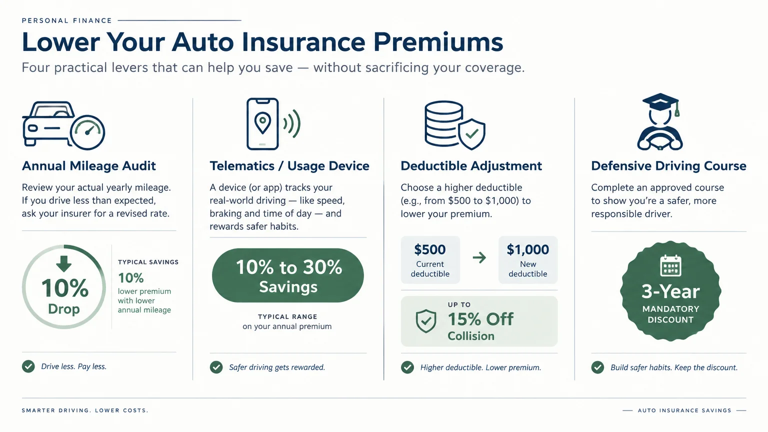 Diagram outlining four ways to lower auto premiums: annual mileage audit, telematics, deductible adjustment, and driving course.