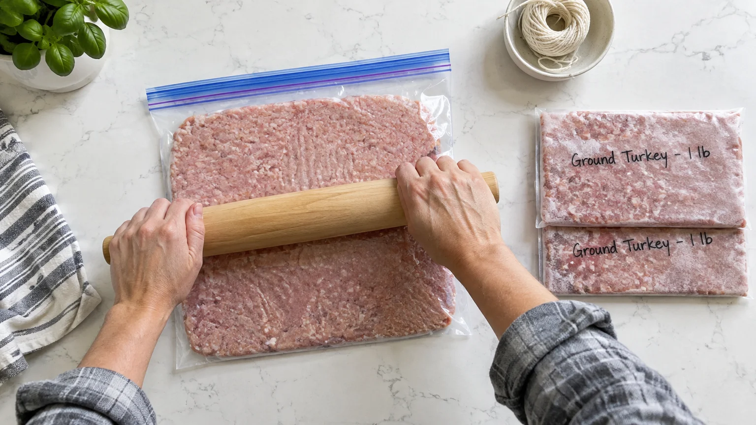 Hands using a wooden rolling pin to flatten ground meat inside a plastic bag on a countertop next to frozen packs.