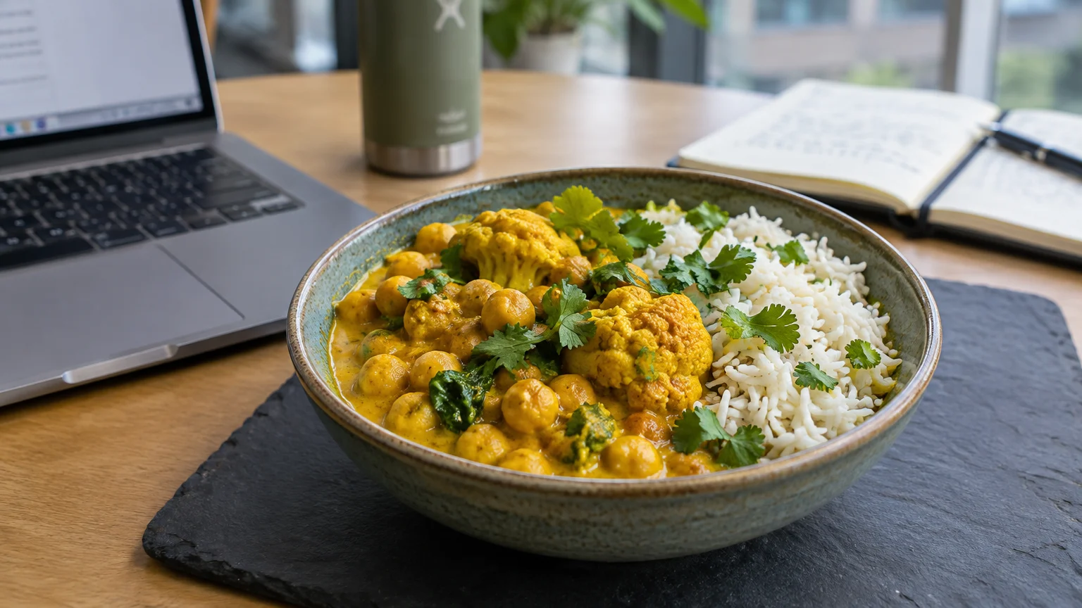Chickpea and cauliflower curry with white rice in a ceramic bowl on an office desk next to a laptop.