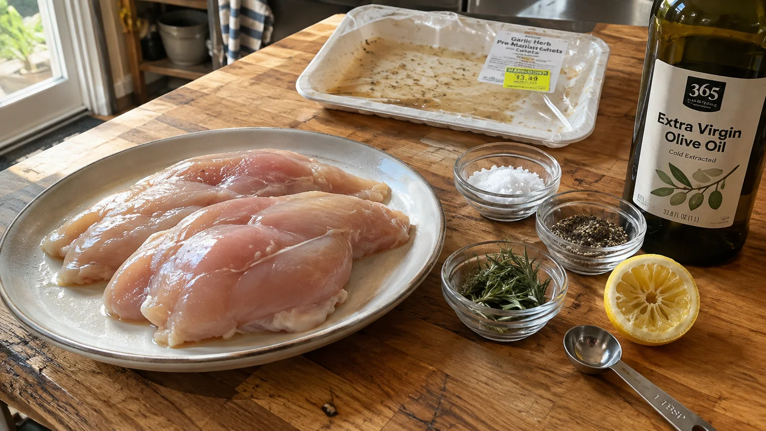Raw chicken cutlets on a plate beside olive oil, bowls of salt, pepper, rosemary, half a lemon, and empty packaging.