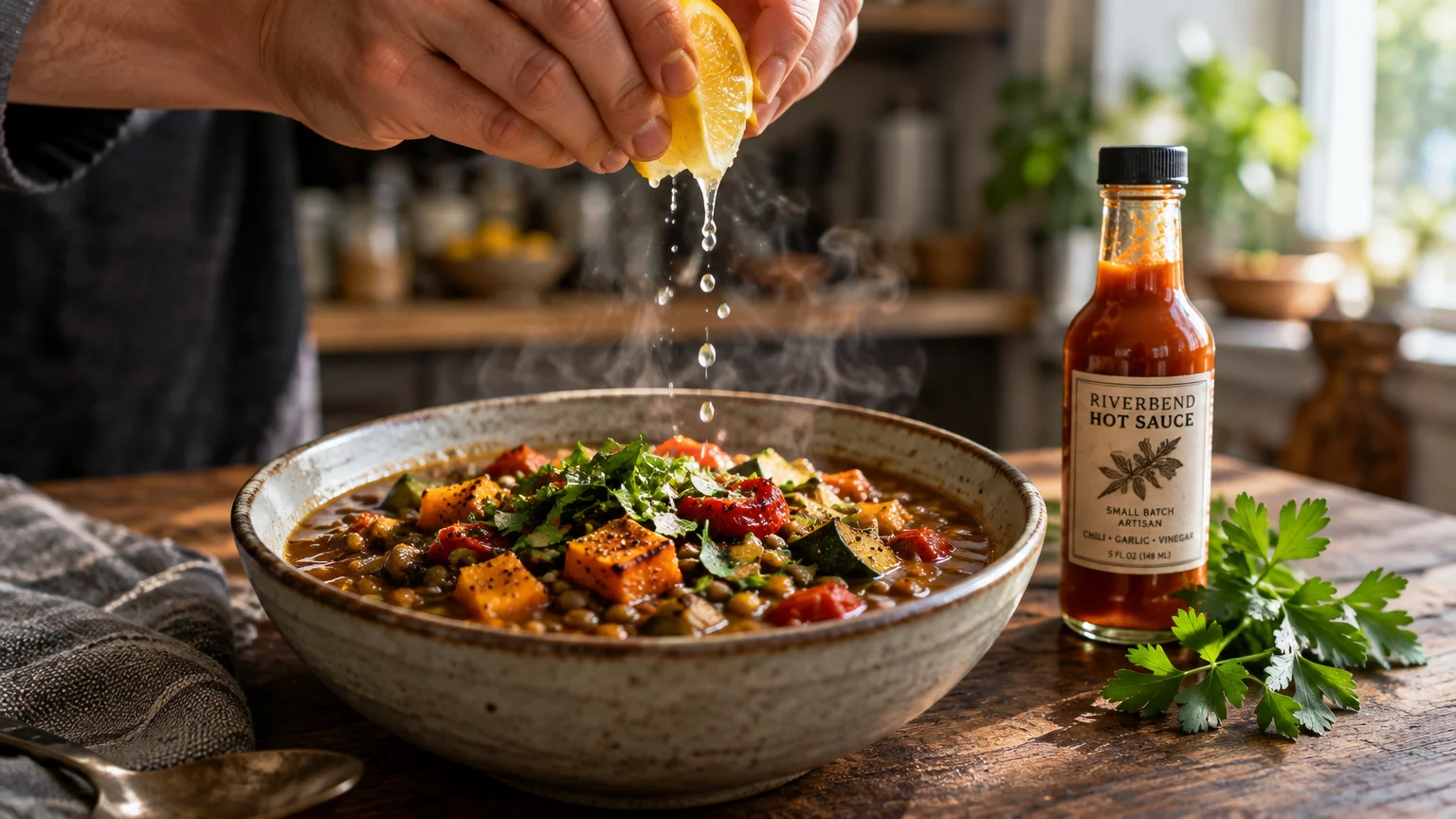 Hands squeezing a lemon wedge over a steaming bowl of vegetable stew next to a bottle of hot sauce on a wooden table.
