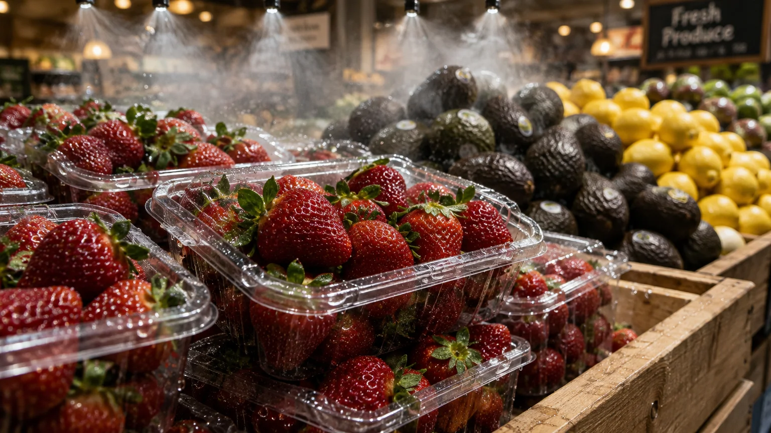 Plastic containers of fresh strawberries, avocados, and lemons under misting sprayers in a grocery produce section.