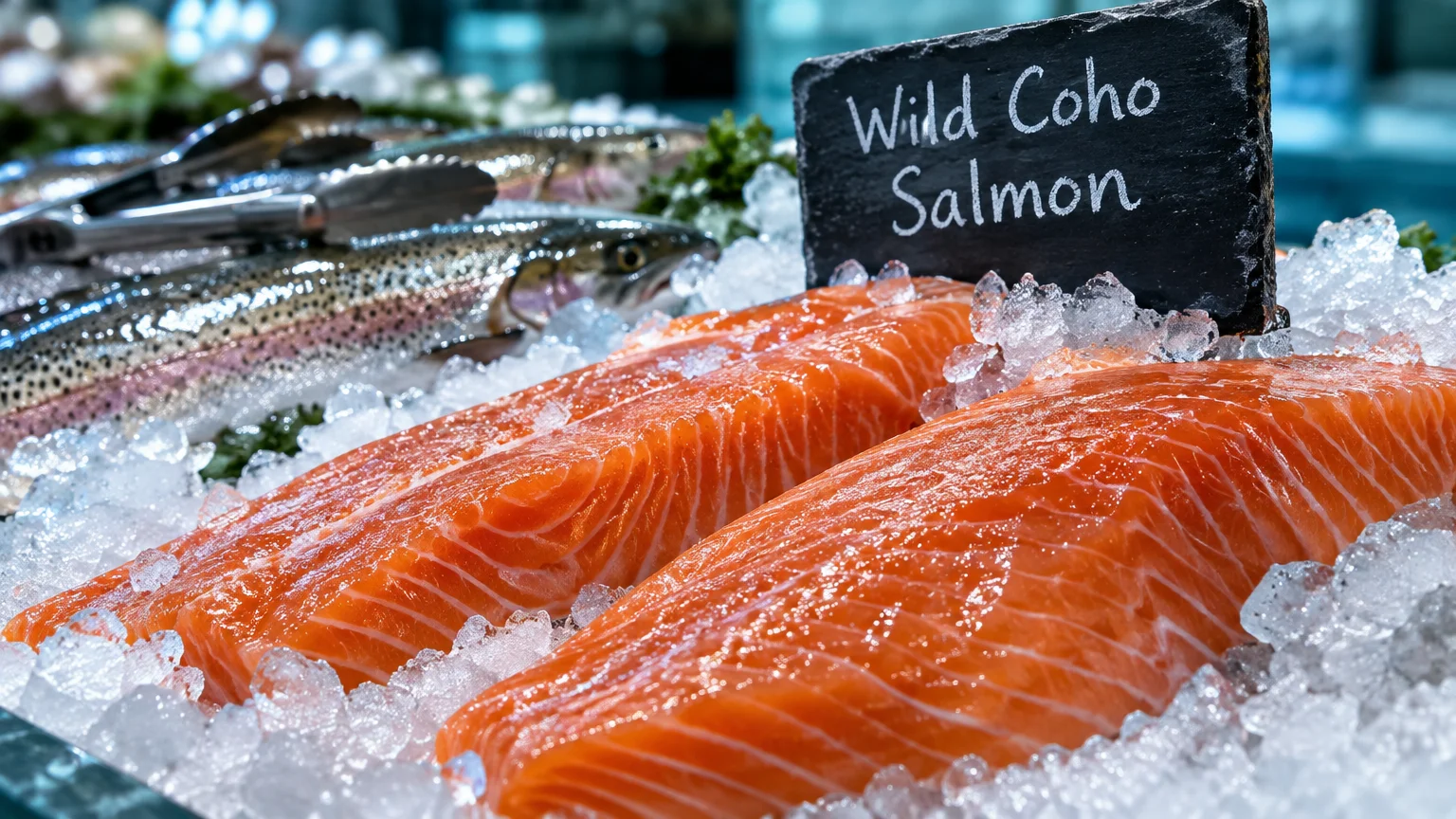 Fresh wild coho salmon fillets and whole trout displayed on crushed ice beneath a slate chalkboard label.