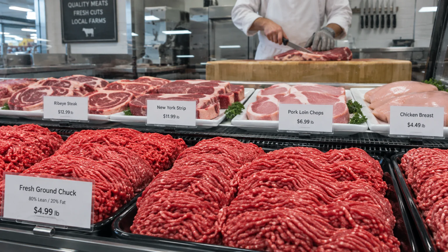 Trays of fresh ground beef, steaks, pork chops, and chicken in a butcher display case with a butcher slicing meat behind.