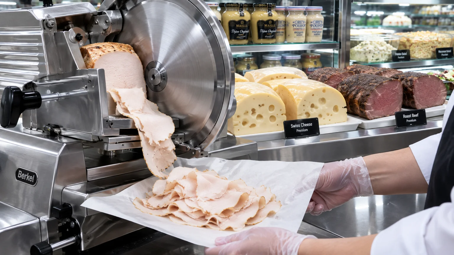 A gloved deli worker catches sliced poultry from a commercial meat slicer alongside Swiss cheese and roast beef.