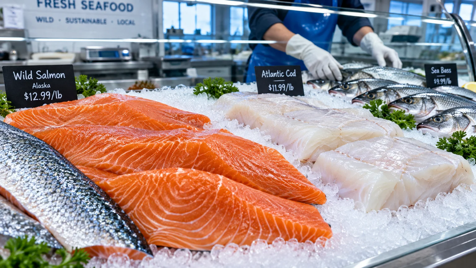 Fresh salmon fillets, Atlantic cod, and whole fish displayed on a bed of crushed ice at a supermarket seafood counter.