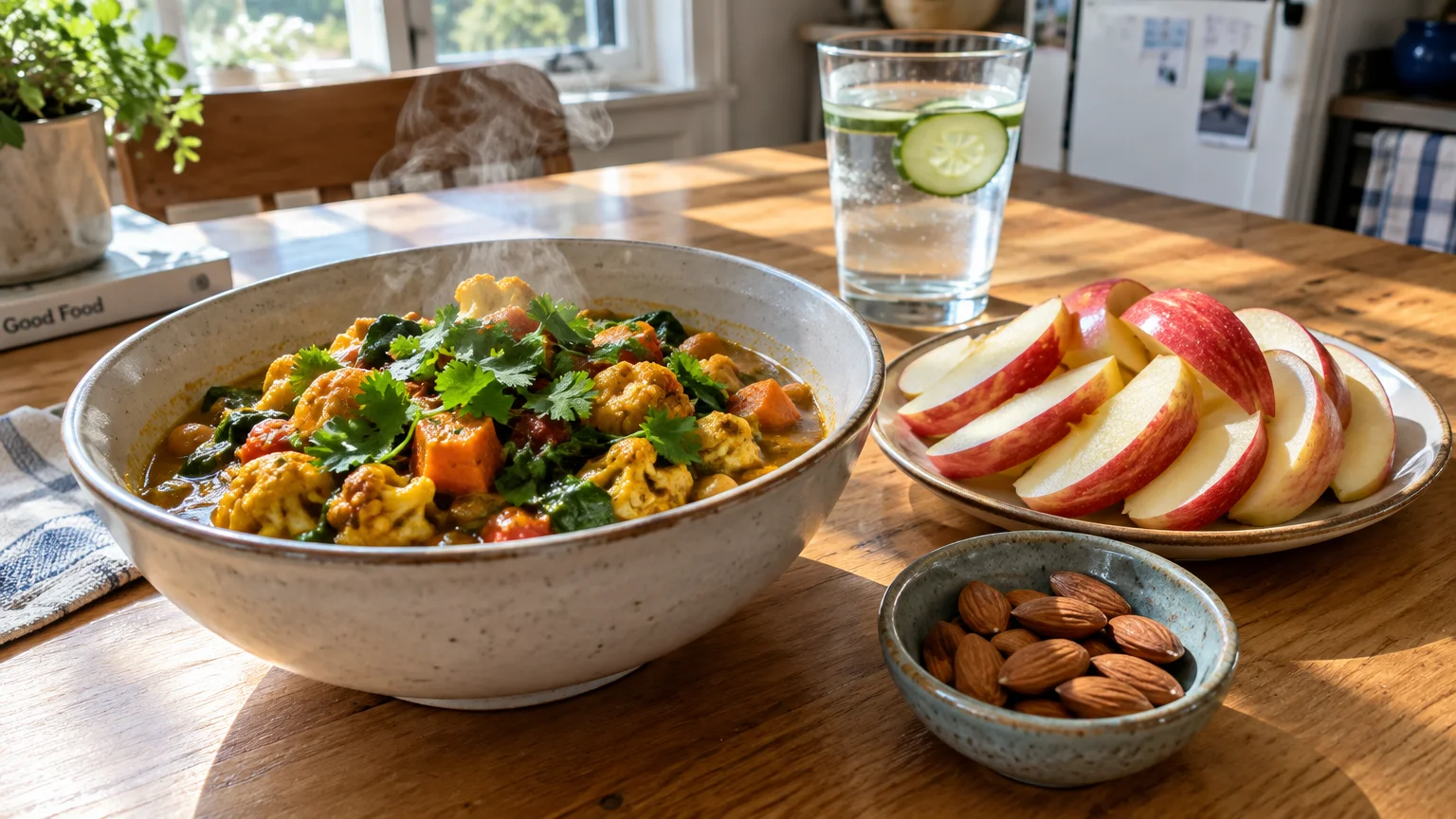 A steaming vegetable curry bowl on a wooden table beside sliced red apples, a bowl of almonds, and cucumber water.
