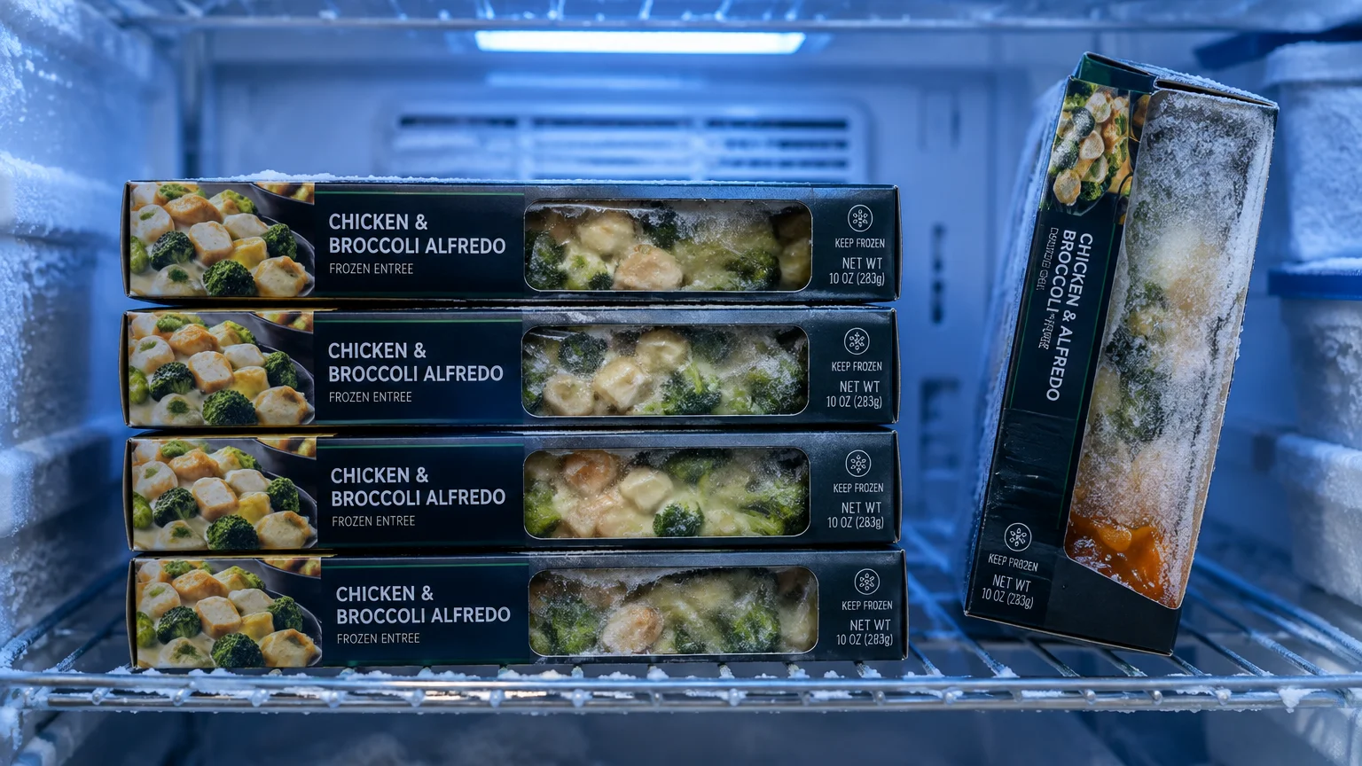 Four frozen dinner boxes stacked flat beside one tilted upright box showing ice crystals inside a freezer.
