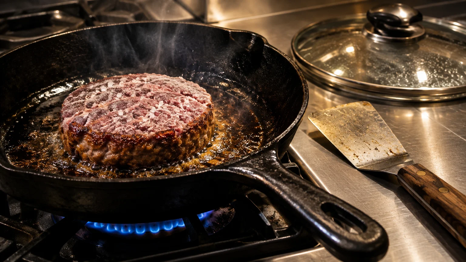 A frozen meat patty searing in a hot cast-iron skillet on a gas stove beside a metal spatula and glass lid.