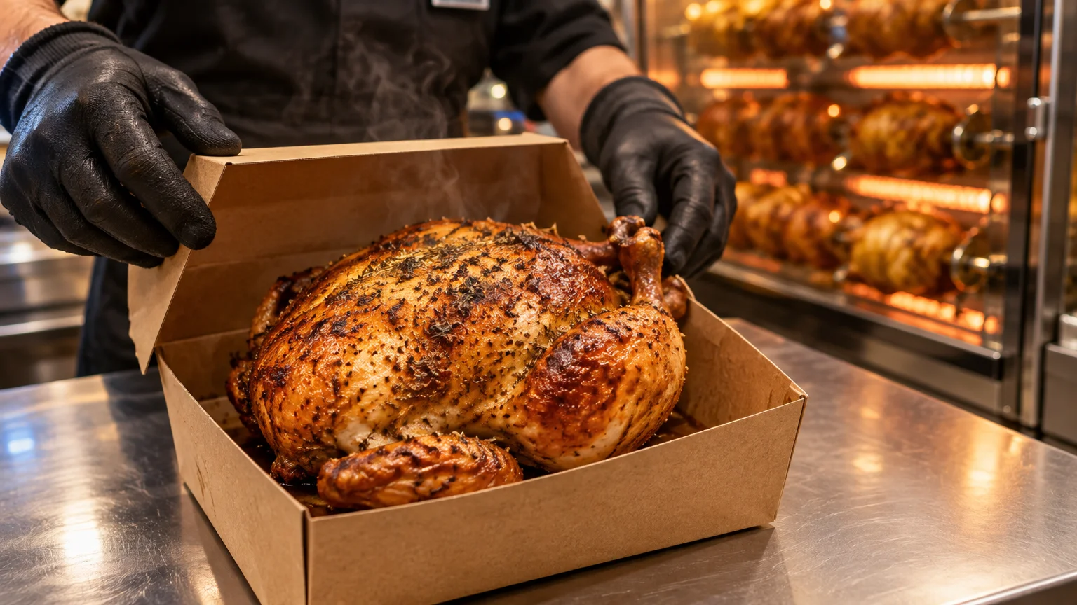 A gloved worker packs a steaming, golden-brown roasted whole chicken into a cardboard takeout container near rotisserie ovens.