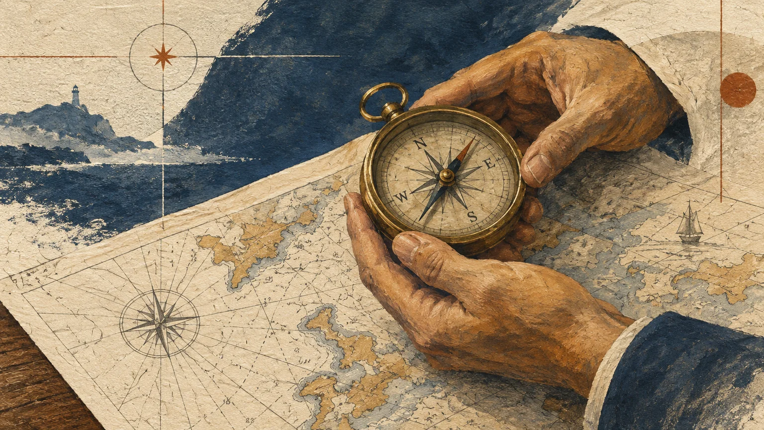 Hands holding a brass compass over an antique nautical map showing coastlines and a lighthouse in the background.
