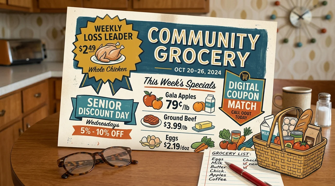 Illustrated grocery circular for Community Grocery with senior discounts, loss leaders, shopping list, and basket on a table.