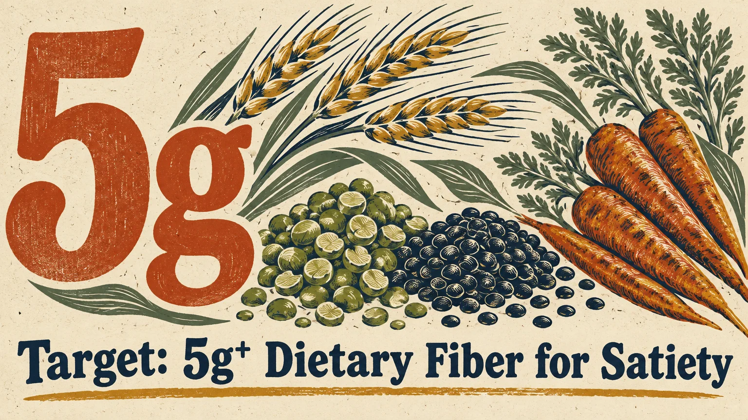 Illustration of wheat stalks, peas, black beans, and carrots next to the text "5g" and "Target: 5g+ Dietary Fiber for Satiety.