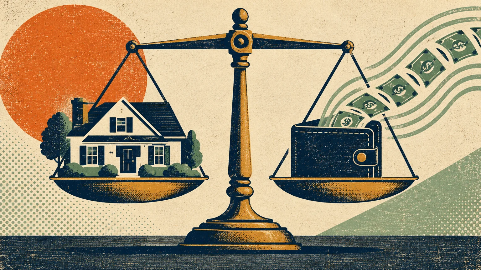 A balance scale weighing a suburban house on one tray and an open wallet flowing with paper money on the other.