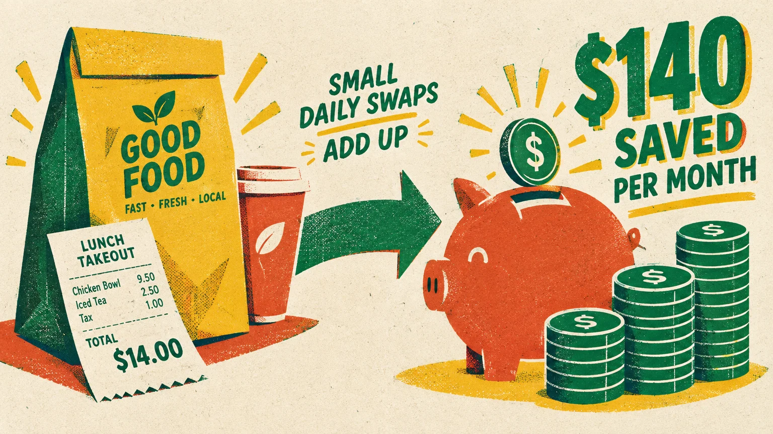 Takeout bag and receipt pointing to a piggy bank, stacked coins, and text reading $140 saved per month.