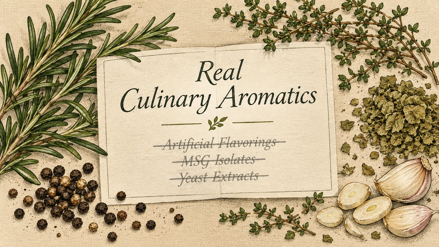 Illustration of garlic, rosemary, thyme, and peppercorns surrounding a card reading Real Culinary Aromatics.