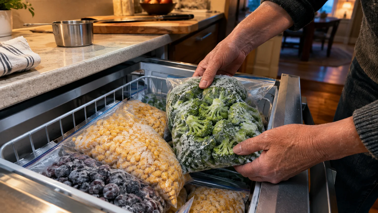 A person holding a bag of frozen broccoli above an open kitchen freezer drawer stocked with bags of corn and berries.