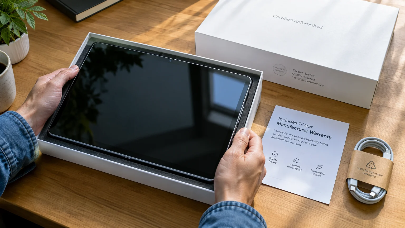 Person unboxing a certified refurbished tablet alongside warranty paperwork, a charging cable, and packaging on a desk.