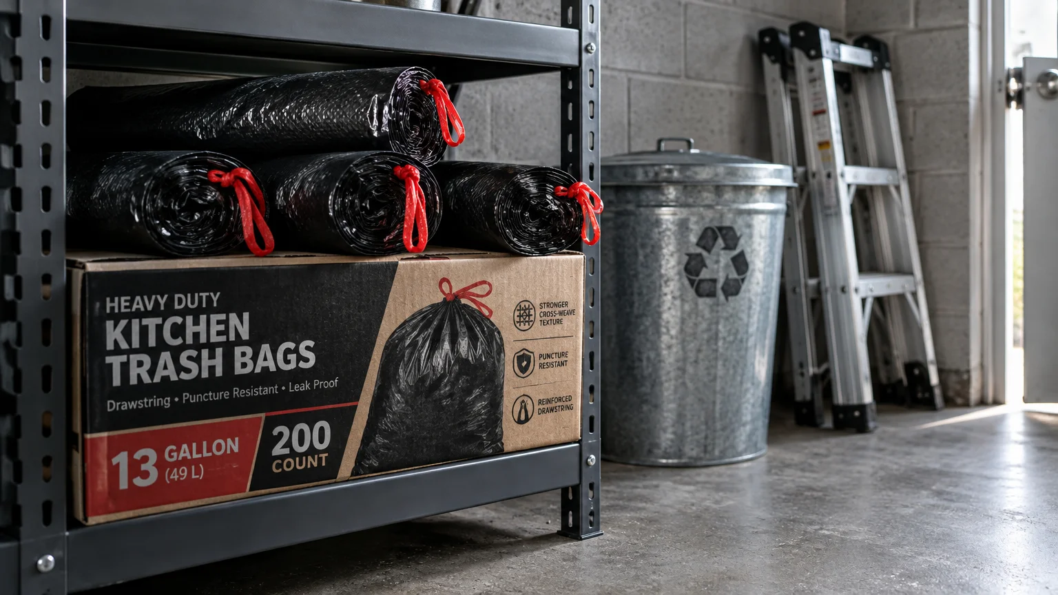 Box of 200 heavy-duty trash bags with black rolls stacked on top, sitting on metal garage shelving.