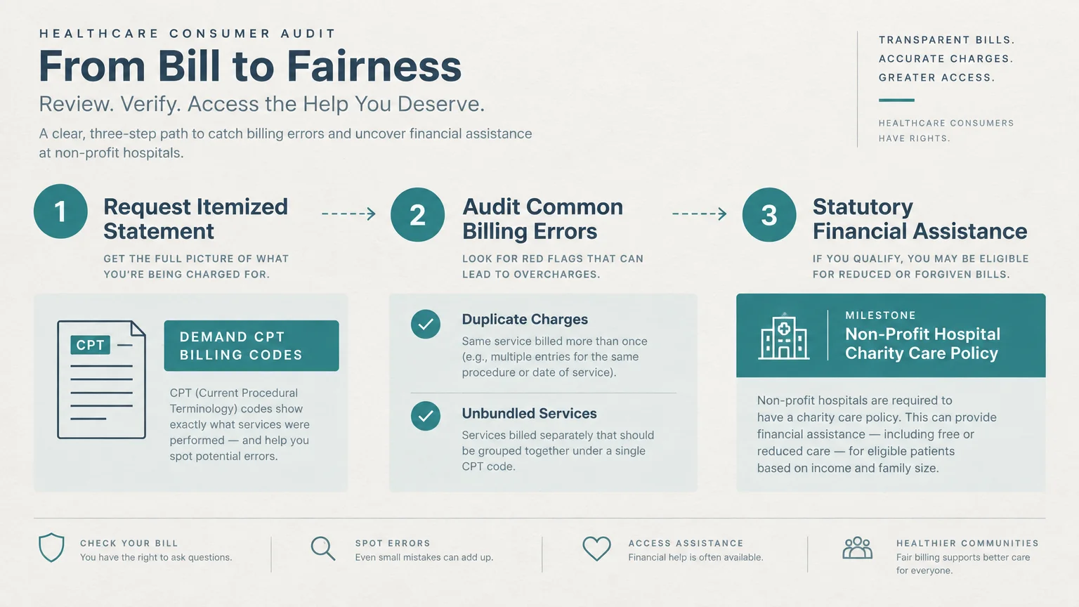 Three-step diagram illustrating how to audit healthcare bills, from requesting itemized statements to financial assistance.