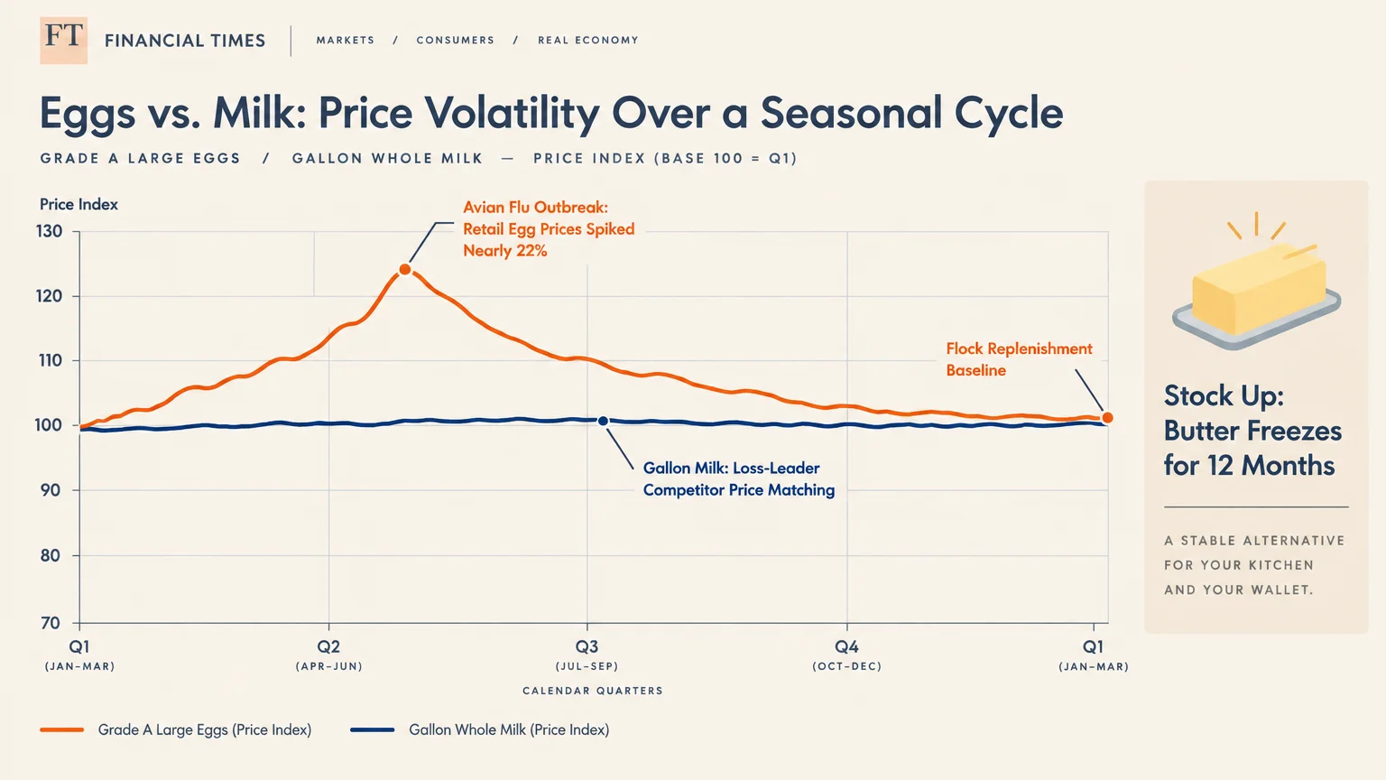 Line chart comparing price volatility between eggs and milk over calendar quarters, with an egg price peak at quarter two.