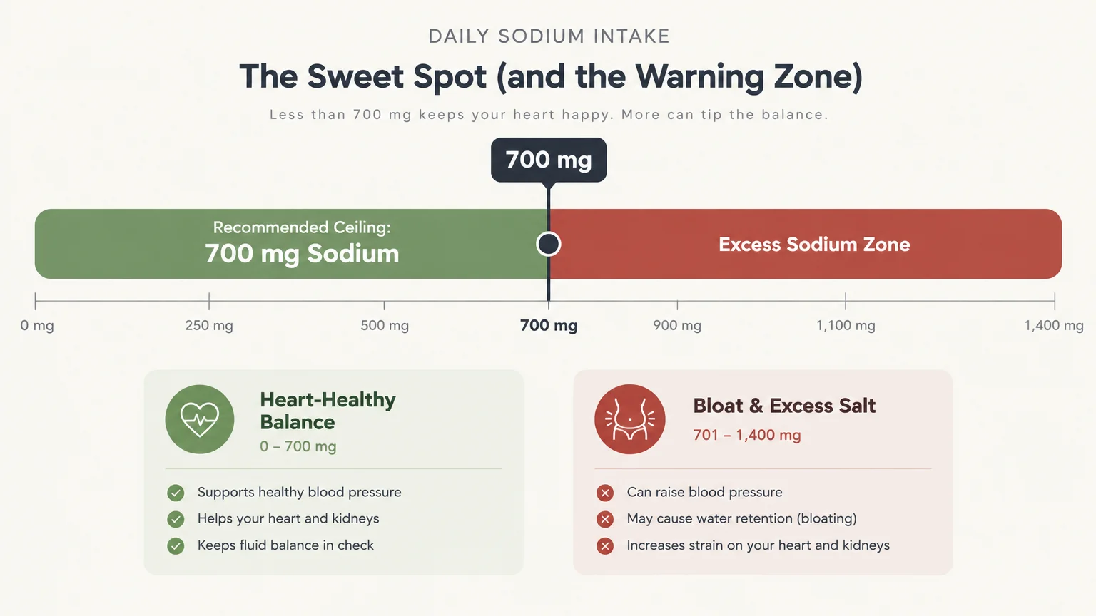 Diagram showing daily sodium intake divided at 700 mg between heart-healthy balance and excess sodium zones.