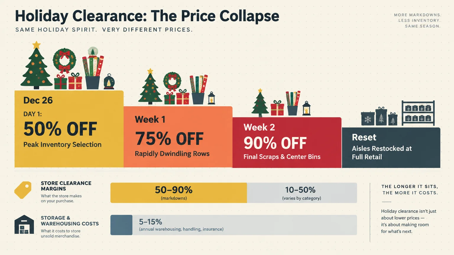 Infographic showing holiday clearance steps from 50% off on Dec 26, to 75% off in Week 1, and 90% off in Week 2.