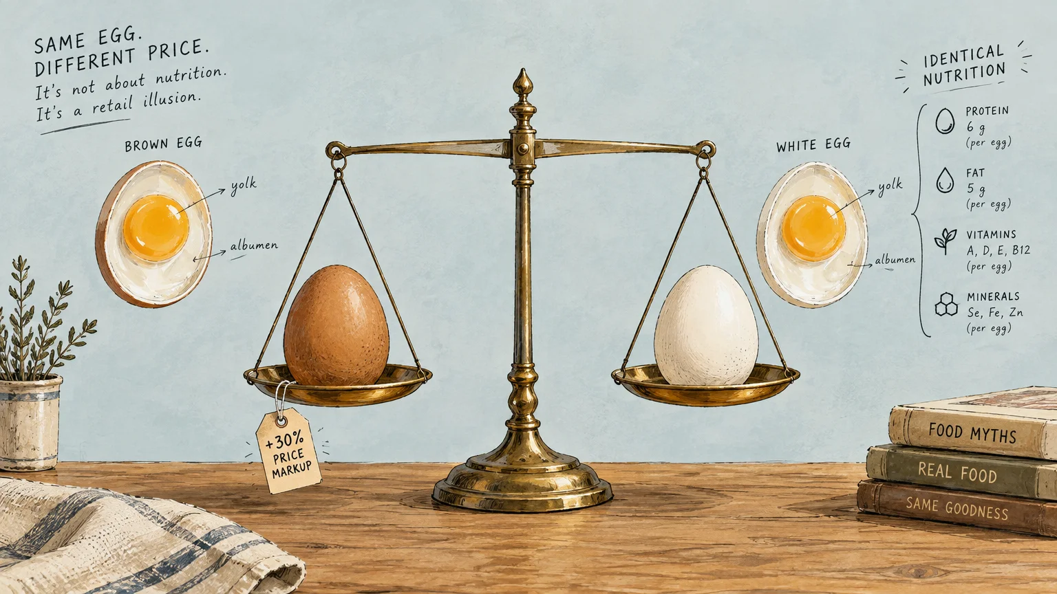 A brown egg and a white egg balance on a brass scale with diagrams comparing their yolk, albumen, and nutritional stats.