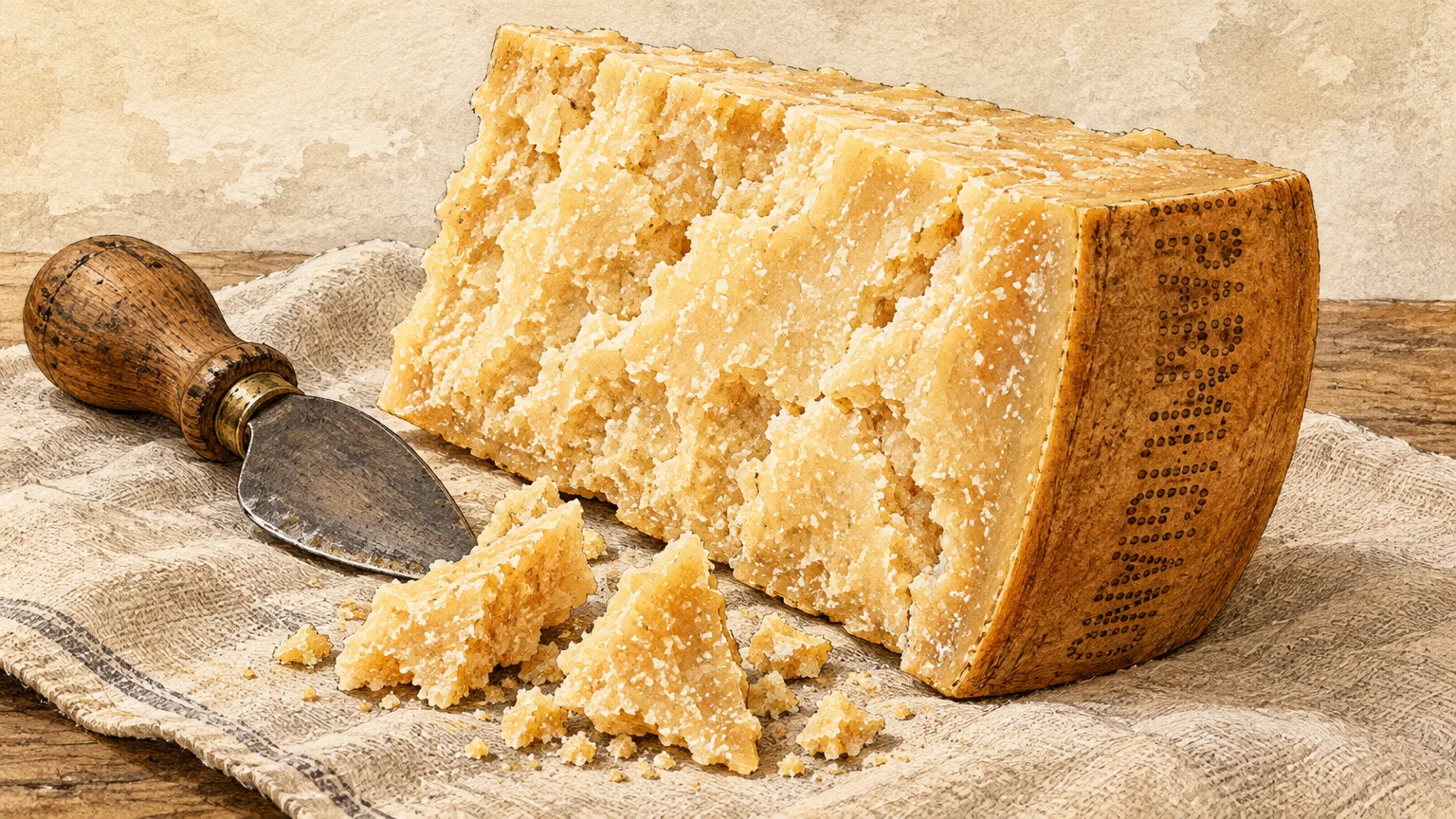 Illustration of a Parmigiano-Reggiano wedge, broken cheese chunks, and an almond-shaped cheese knife on a textured cloth.