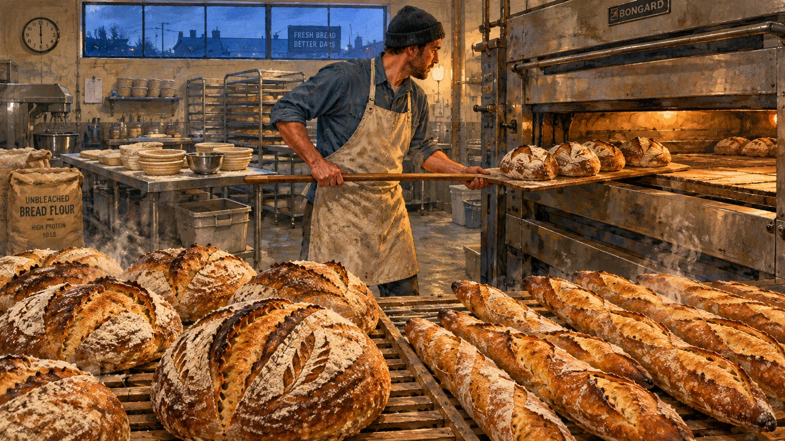 Illustration of a baker using a wooden peel to pull freshly baked sourdough loaves from a large industrial deck oven.