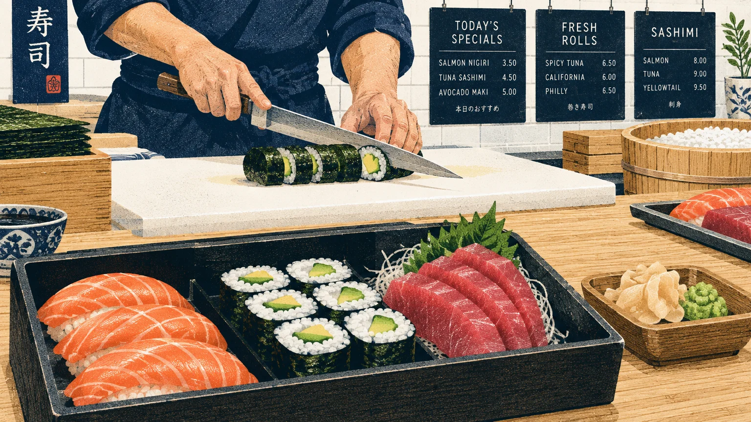Illustration of a sushi chef slicing rolls behind a bento box filled with salmon nigiri, avocado maki, and tuna sashimi.