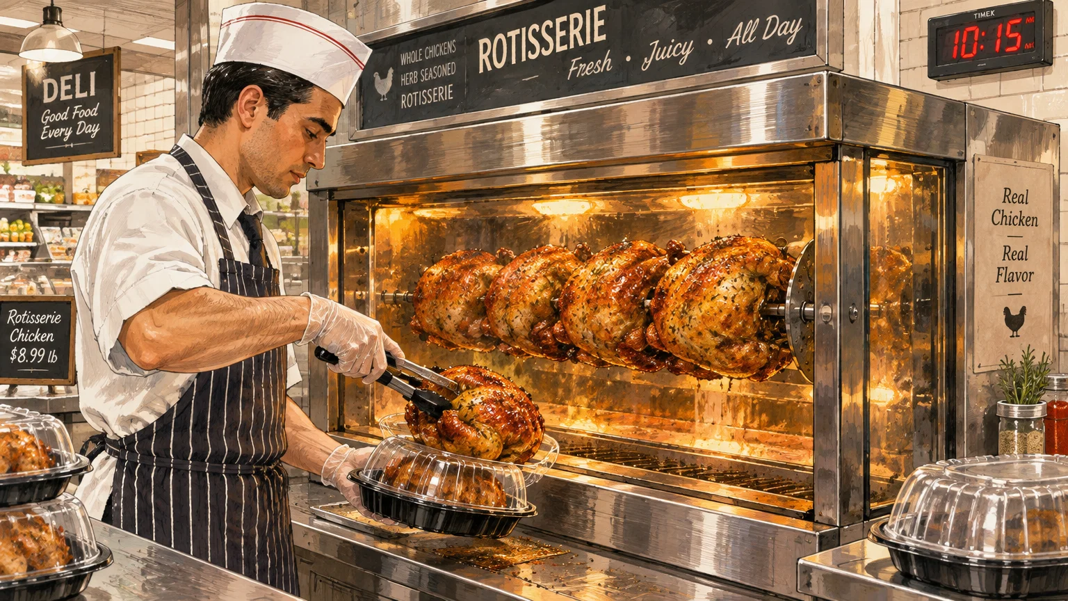 Supermarket deli worker using tongs to pack a freshly roasted rotisserie chicken from a heated commercial rotisserie oven.