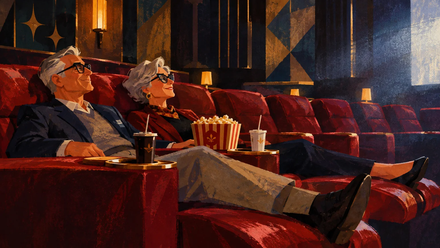 Illustration of an older couple smiling in red reclining movie theater seats with popcorn and drinks.