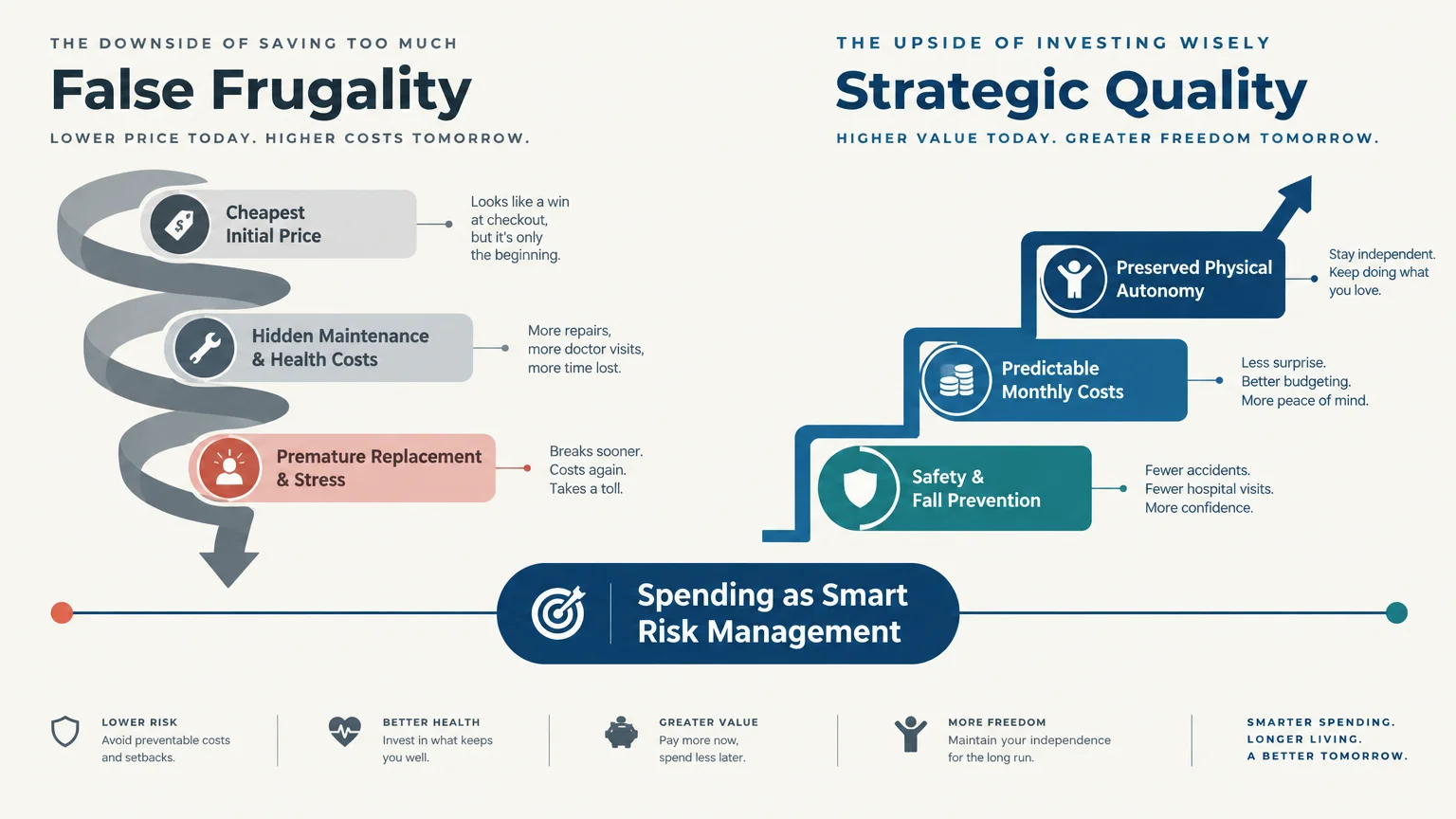 Diagram contrasting a downward spiral of false frugality with ascending steps of strategic quality and smart risk management.