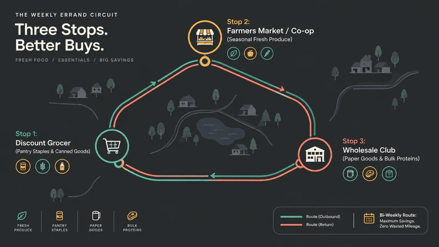 Diagram of a three-stop errand circuit connecting a discount grocer, farmers market, and wholesale club along a route.