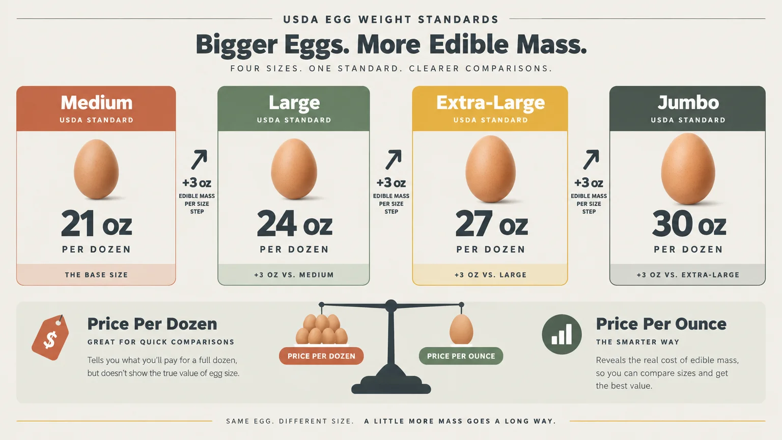 Diagram of USDA egg weight tiers from Medium at 21 oz to Jumbo at 30 oz per dozen, comparing price per dozen and per ounce.