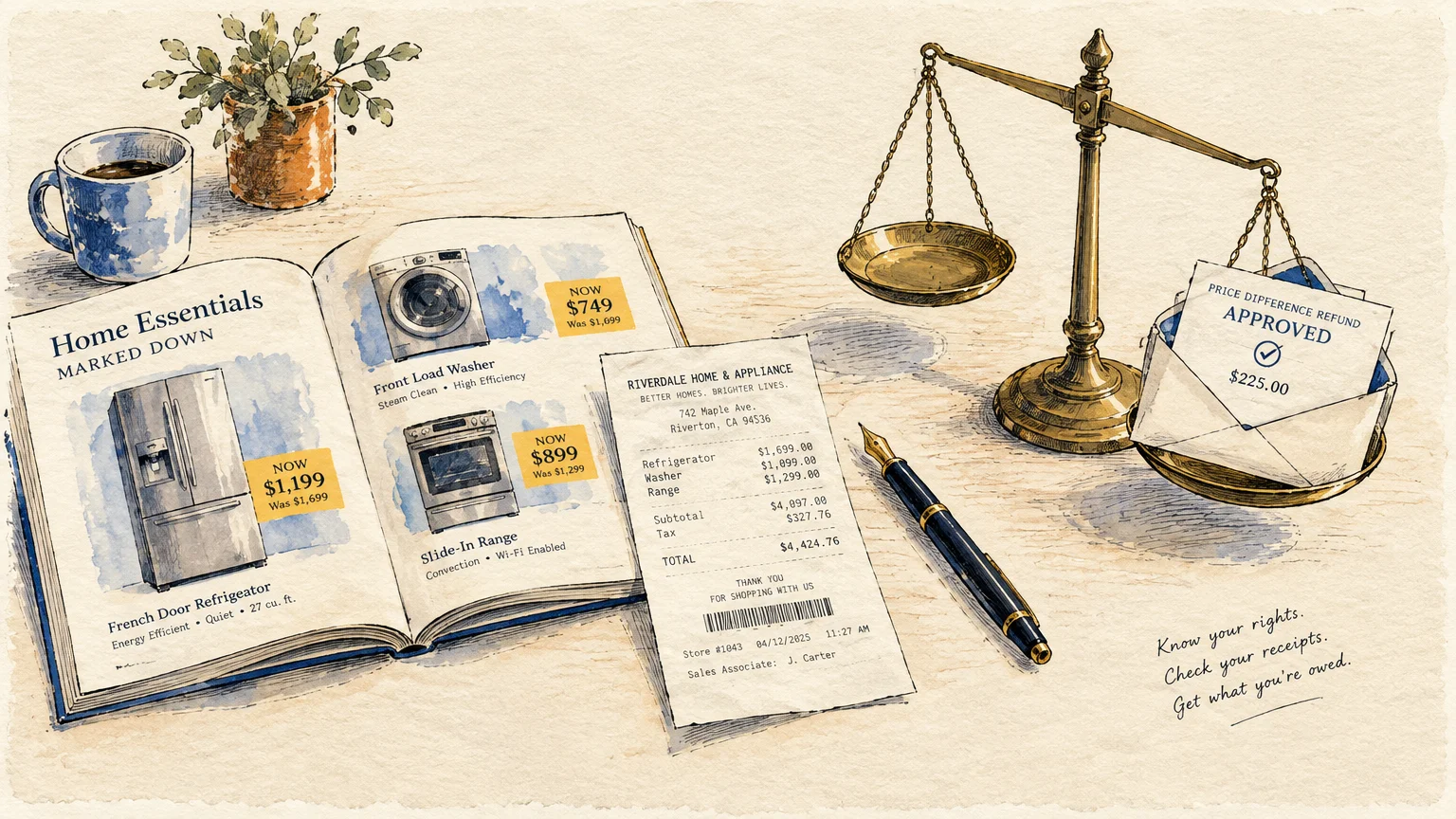 Illustration of an open catalog, store receipt, pen, and brass balance scale holding an approved refund notice.
