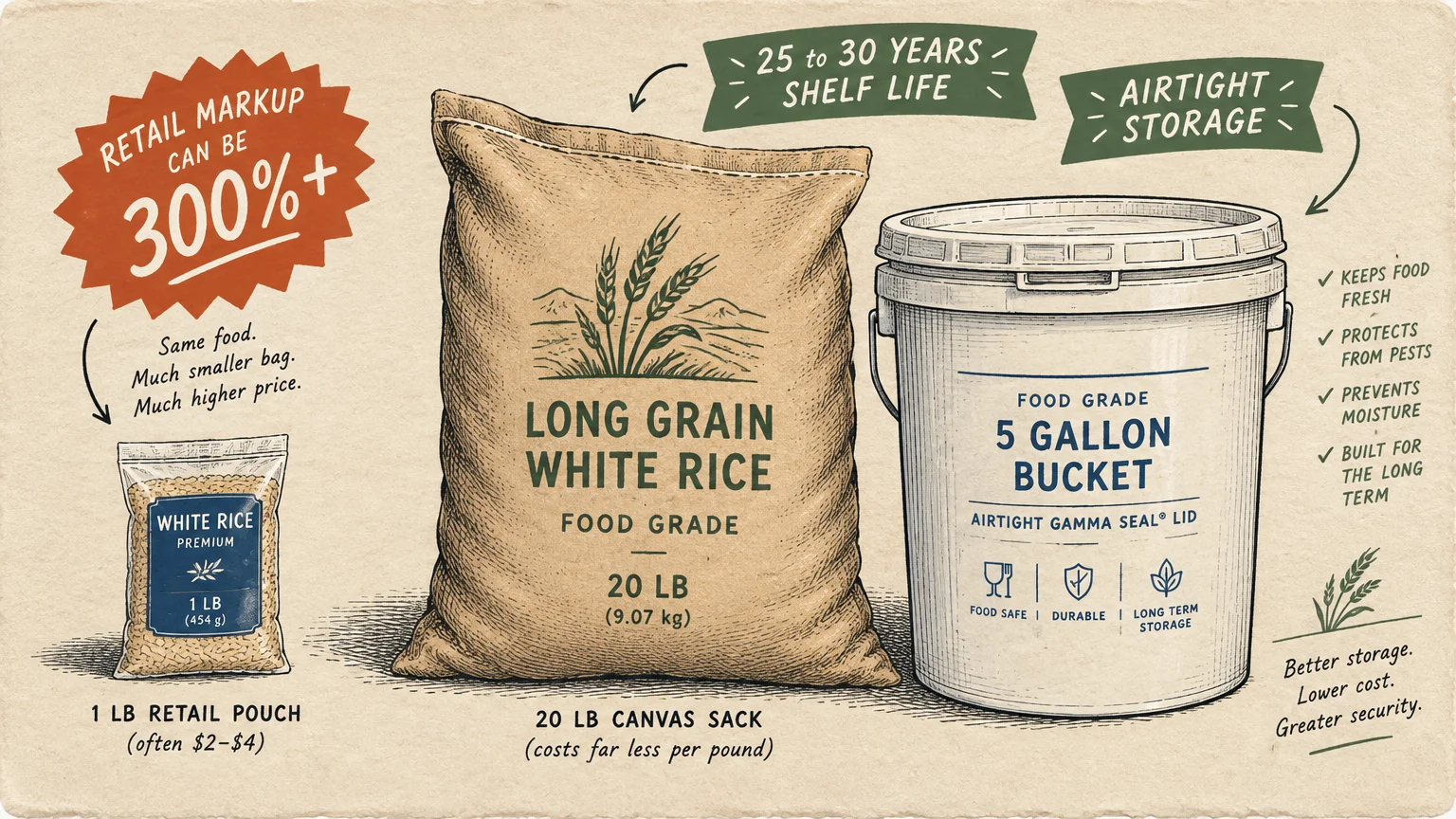 Illustration comparing a 1-pound rice pouch, a 20-pound sack of white rice, and a 5-gallon airtight storage bucket.