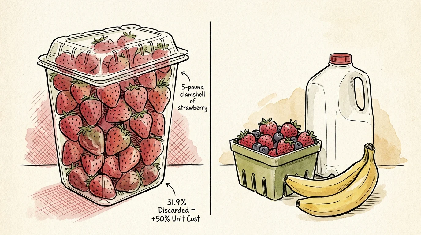 Illustration of a large five-pound container of strawberries next to a small berry basket, milk jug, and bananas.