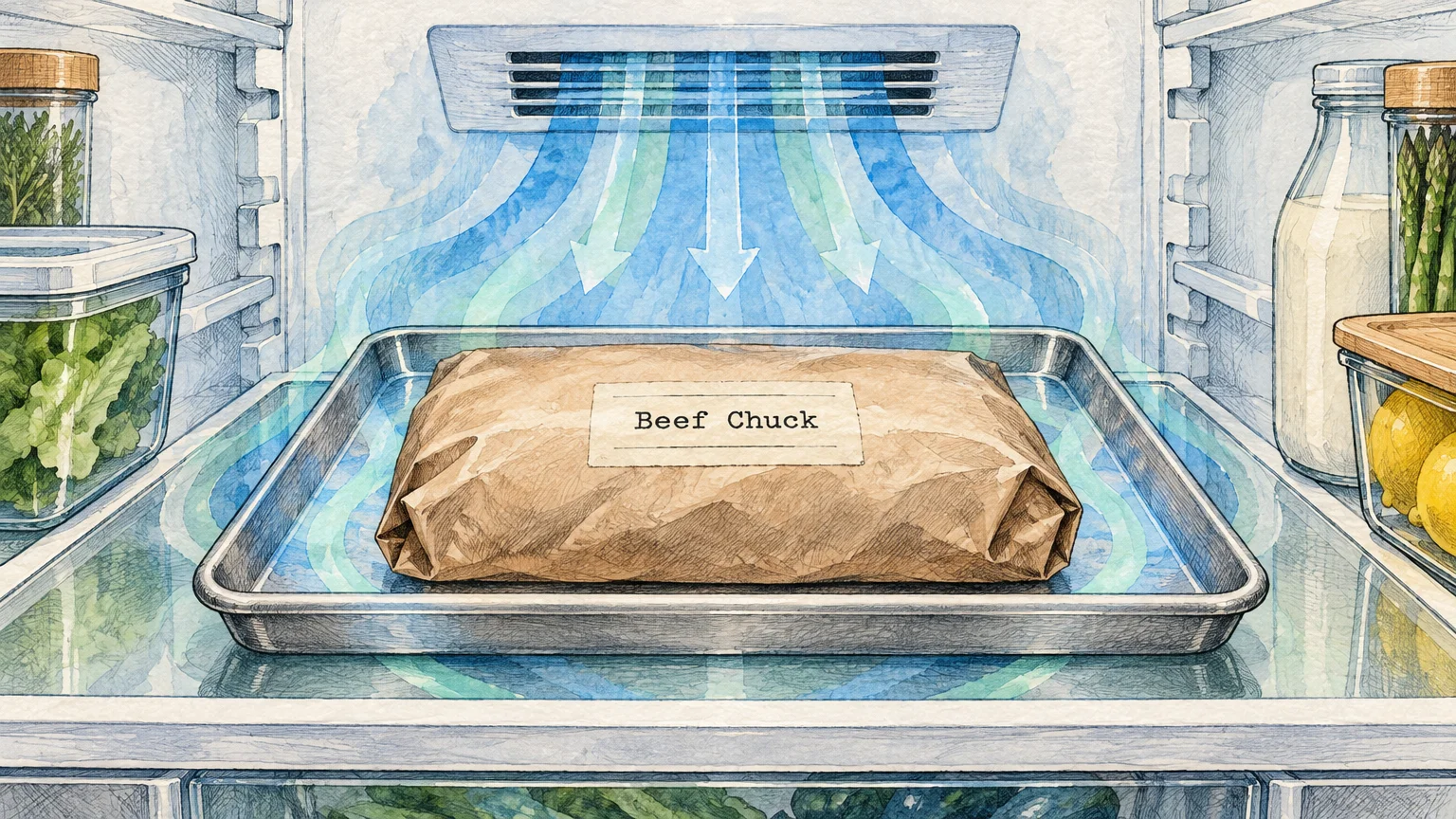 Illustration of wrapped beef chuck resting on a metal baking sheet inside a refrigerator under blowing cool air streams.